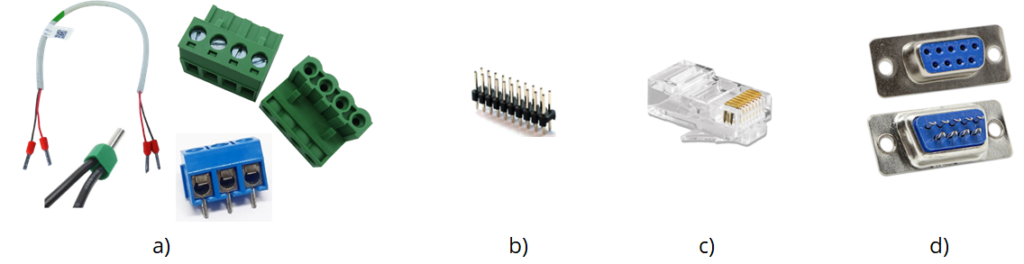 Figura 2. Conectores tipicamente utilizados em redes RS-485
a) Bornes parafusáveis b) Barra de pinos c) RJ-45 d) DB-9